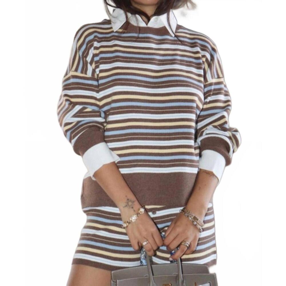 NEW BAILEY ROSE striped knit collared shirt and knit flare pant set in brown mul